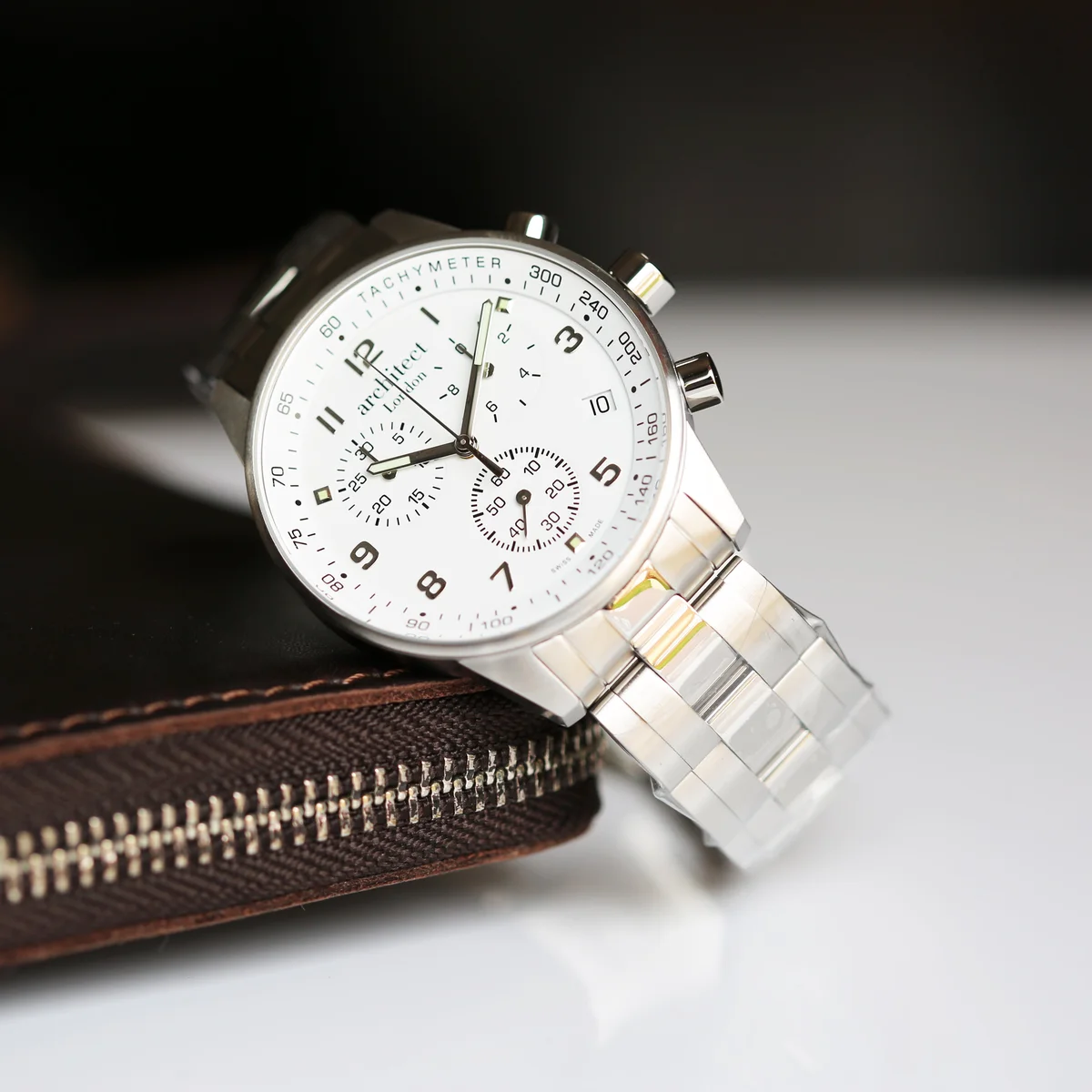Swiss made men's watch Architect Endeavour with stainless steel band, chronograph dials, and sapphire coated glass