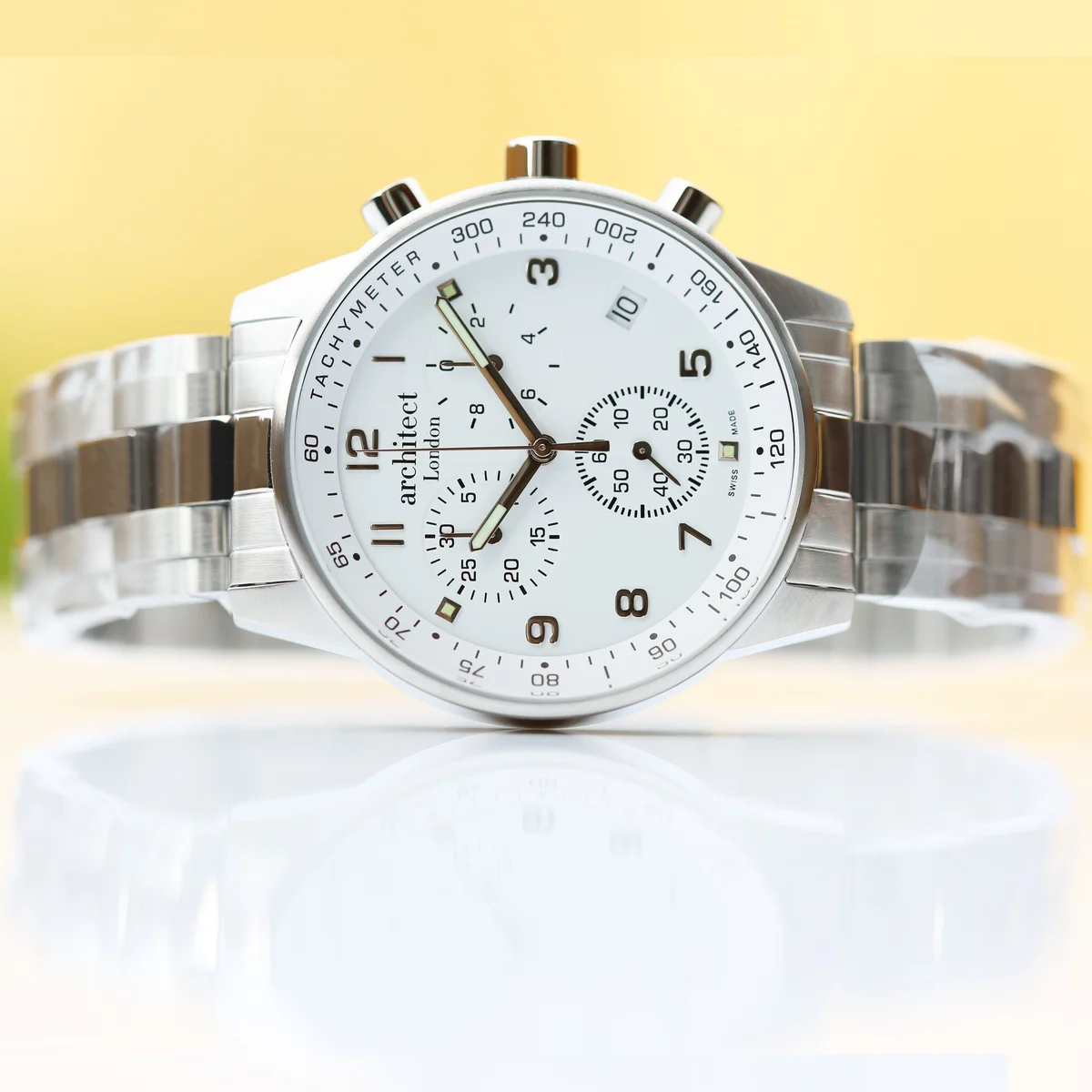 Swiss Made Architect Endeavour men's water resistant watch with chronograph dials and stainless steel band displayed on box