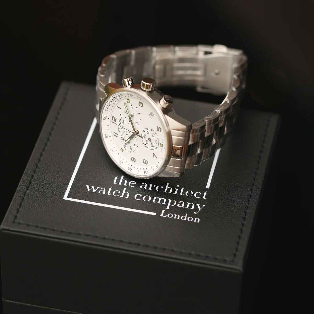 Swiss made men's watch Architect Endeavour with stainless steel band, chronograph dials, and engraving area on back