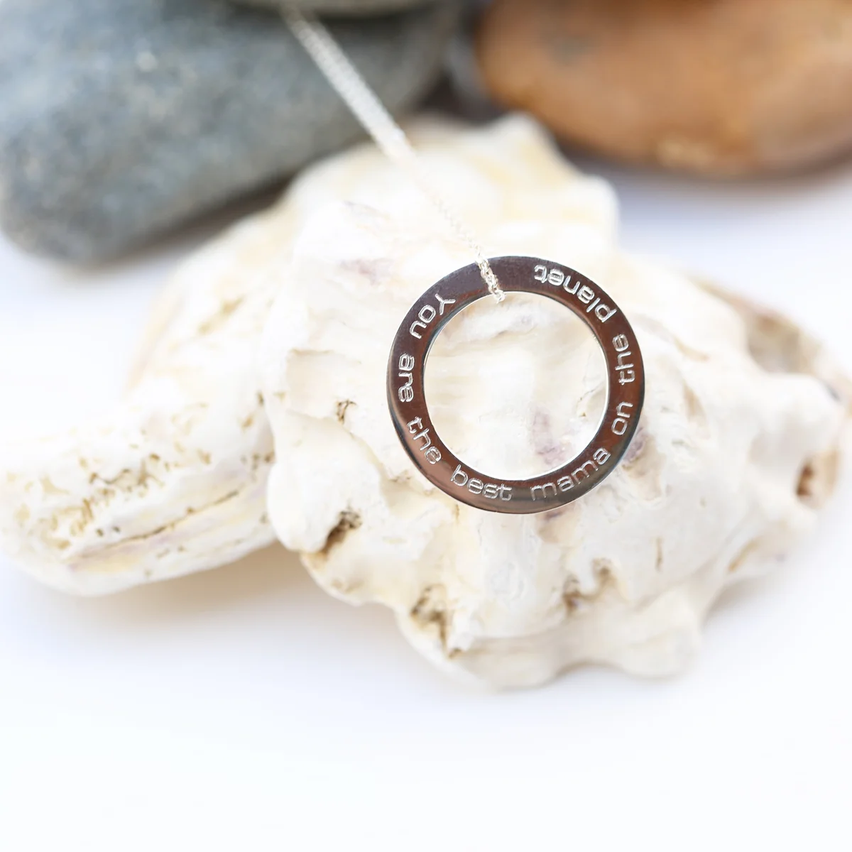 Sterling silver necklace with a 32mm engraved circle halo pendant on a 42cm Italian-made chain in gift box
