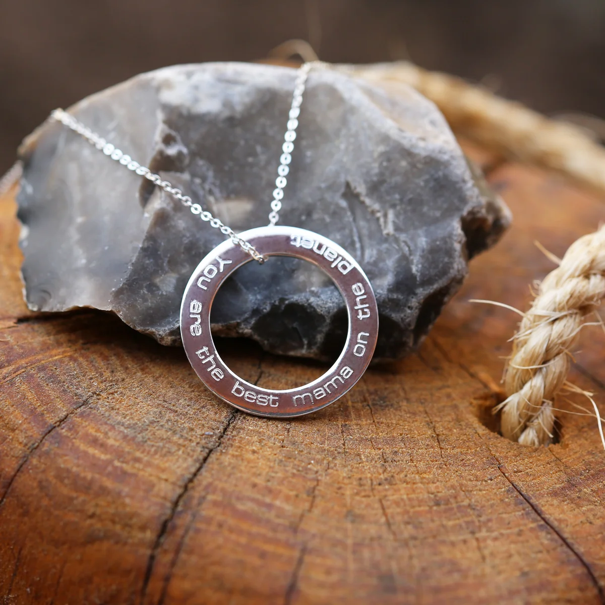 Sterling silver circle halo necklace with personalised engraved message on 42cm Italian chain, displayed on white background