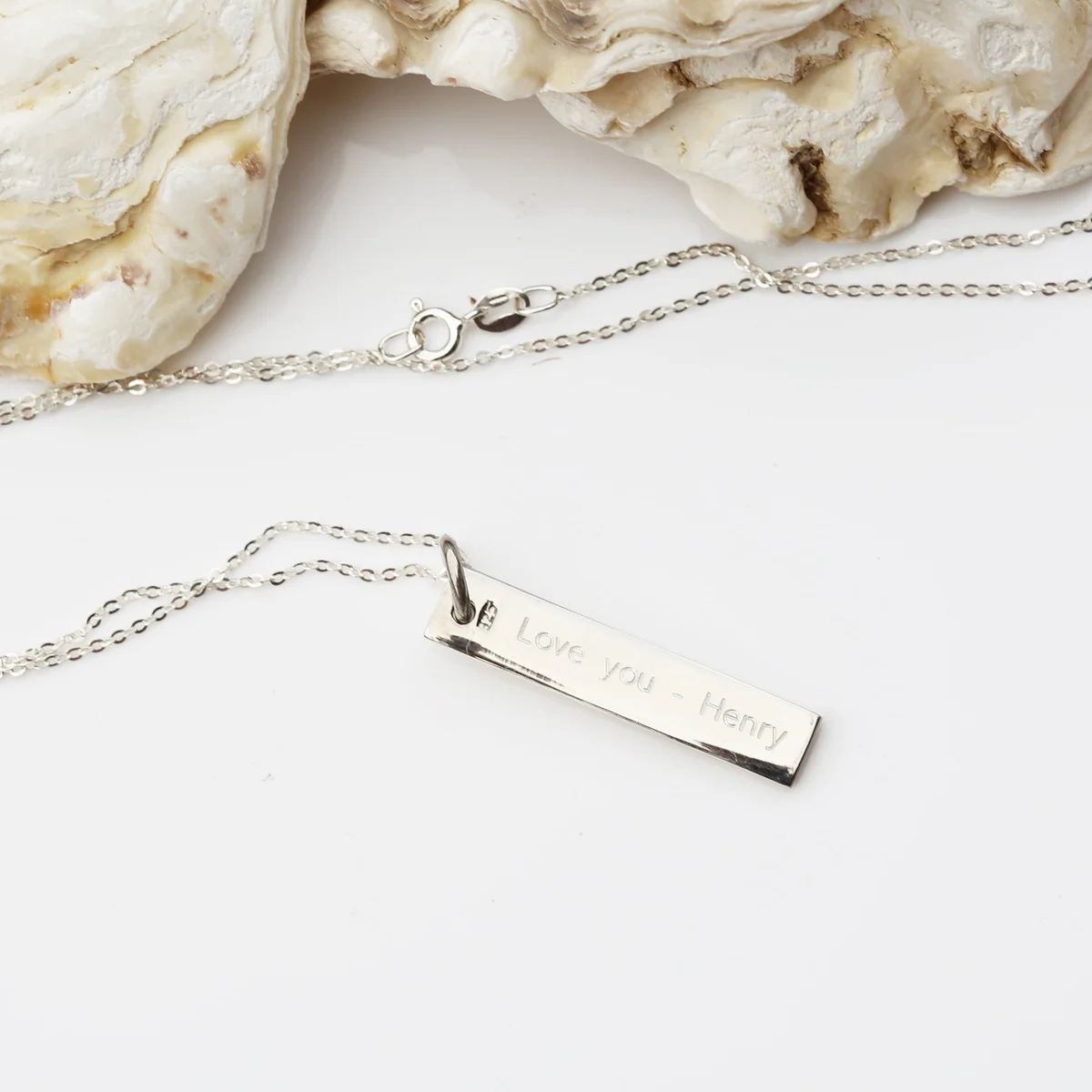 Sterling silver bar pendant on 42cm Italian chain, engraved with personalised message, displayed on white background