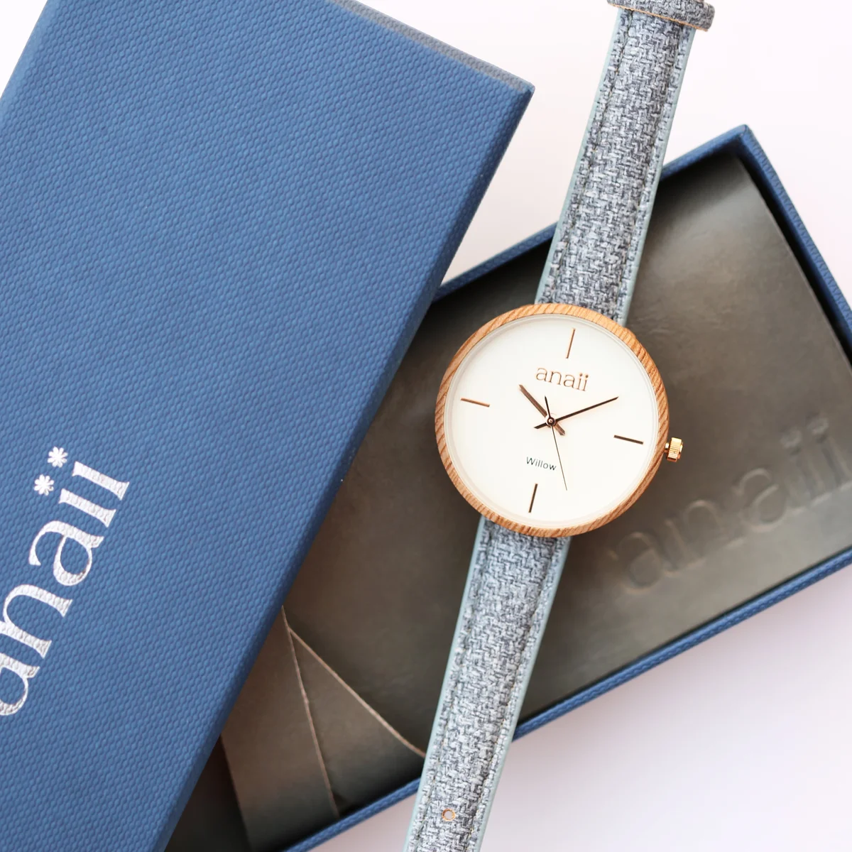 Lake Blue personalised ladies watch with stainless steel case, adjustable strap, and custom handwriting engraving on back