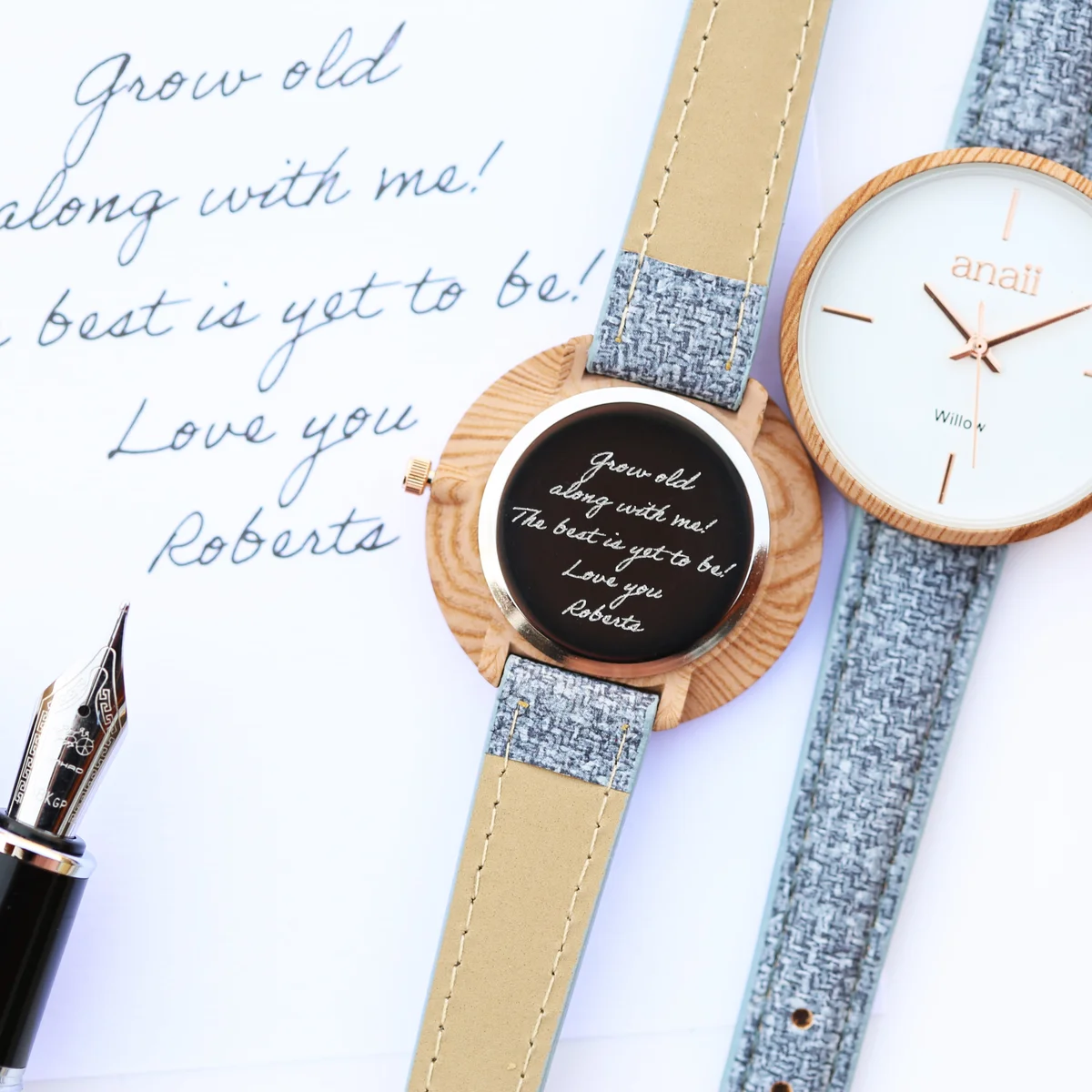 Lake Blue stainless steel watch with 35mm case, adjustable strap, and personalised handwriting engraving on back