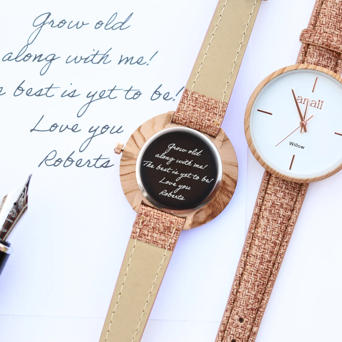 Minimalist quartz watch with 35mm stainless steel case and adjustable hazel wood strap, engraved with custom handwriting