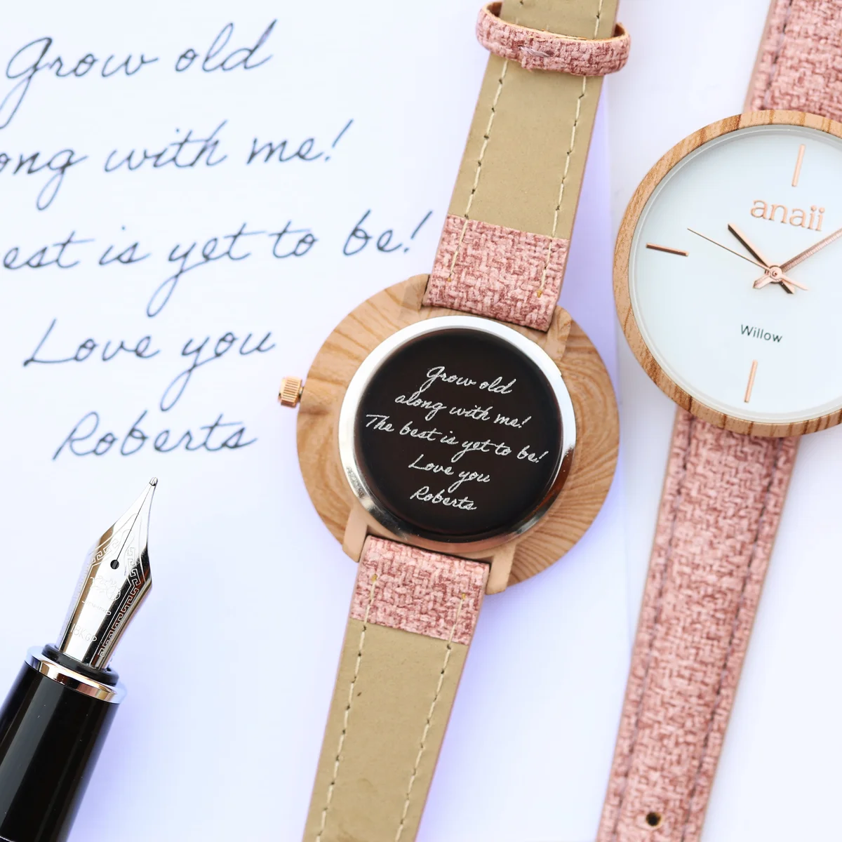 Sweet Pink personalised ladies watch with minimalist design, stainless steel case, and adjustable strap in branded gift box