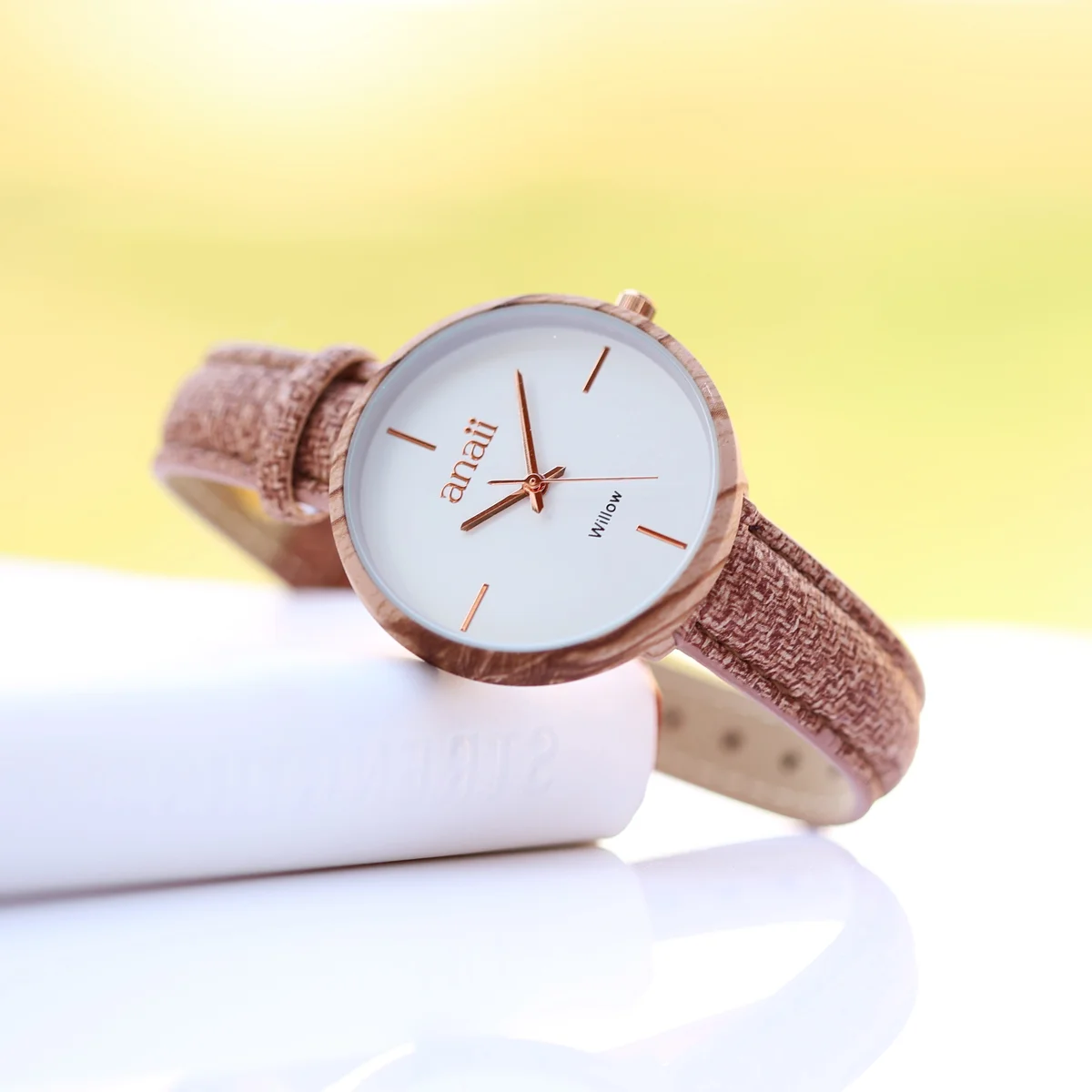 Personalised ladies watch with 35mm stainless steel case, hazel wood dial, adjustable strap, and modern font engraving