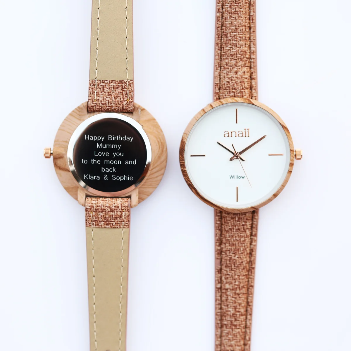 Personalised Anaii hazel wood watch with stainless steel case and adjustable strap displayed with branded gift box