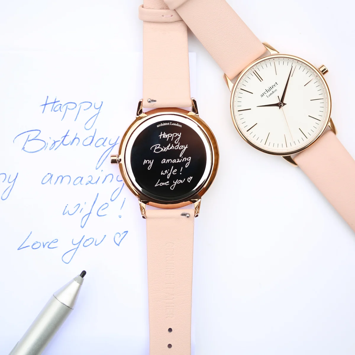 Ladies Architēct Blanc quartz movement watch with polished stainless steel case and light pink genuine leather strap