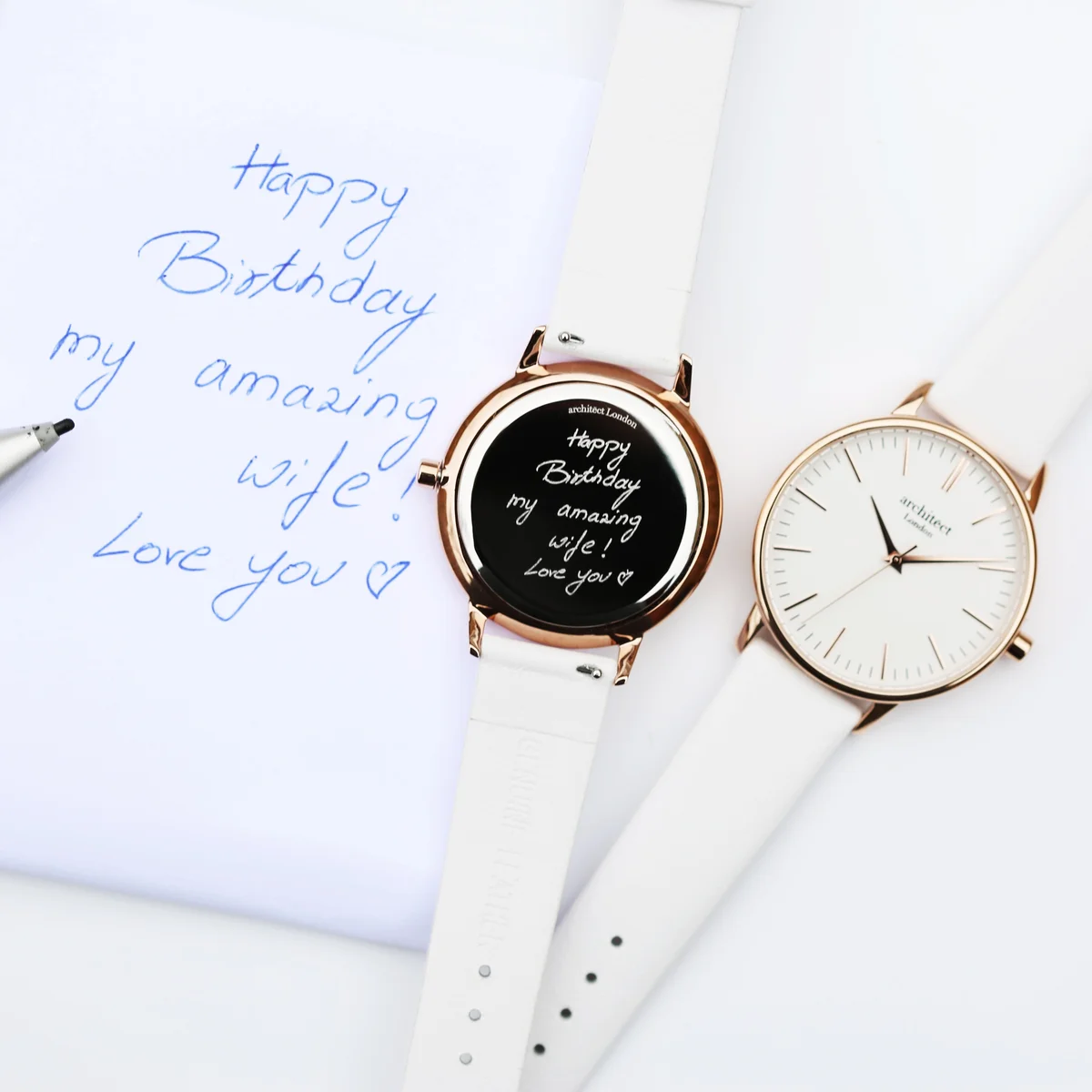 Ladies personalised watch with white genuine leather strap, stainless steel case, and minimalist white dial