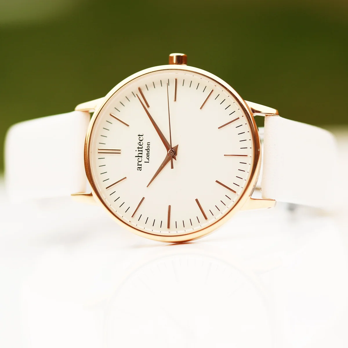 Ladies Architēct Blanc quartz movement watch with white genuine leather strap and polished stainless steel case