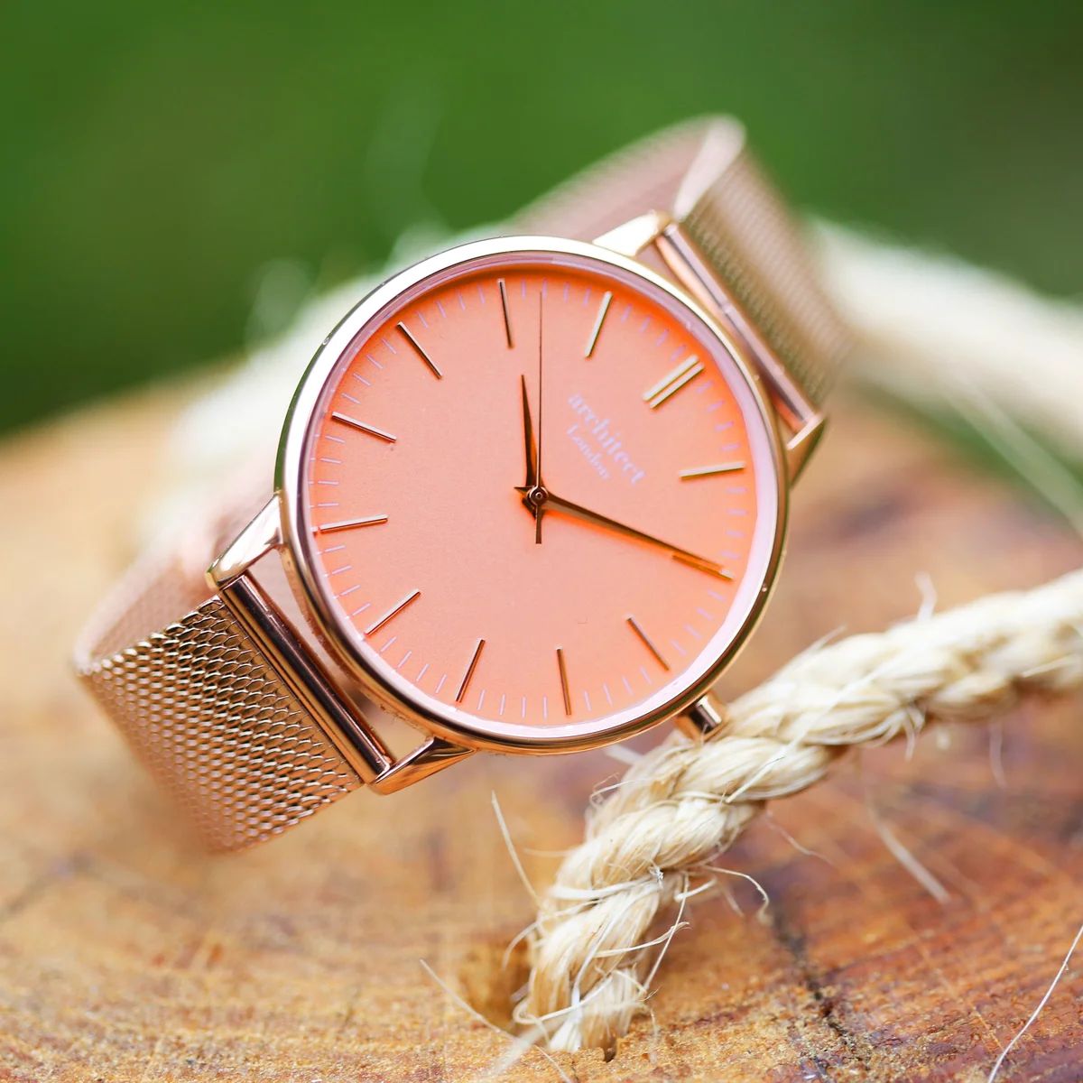 Ladies coral watch with apricot dial, rose gold mesh strap, stainless steel case, and personalised handwriting engraving