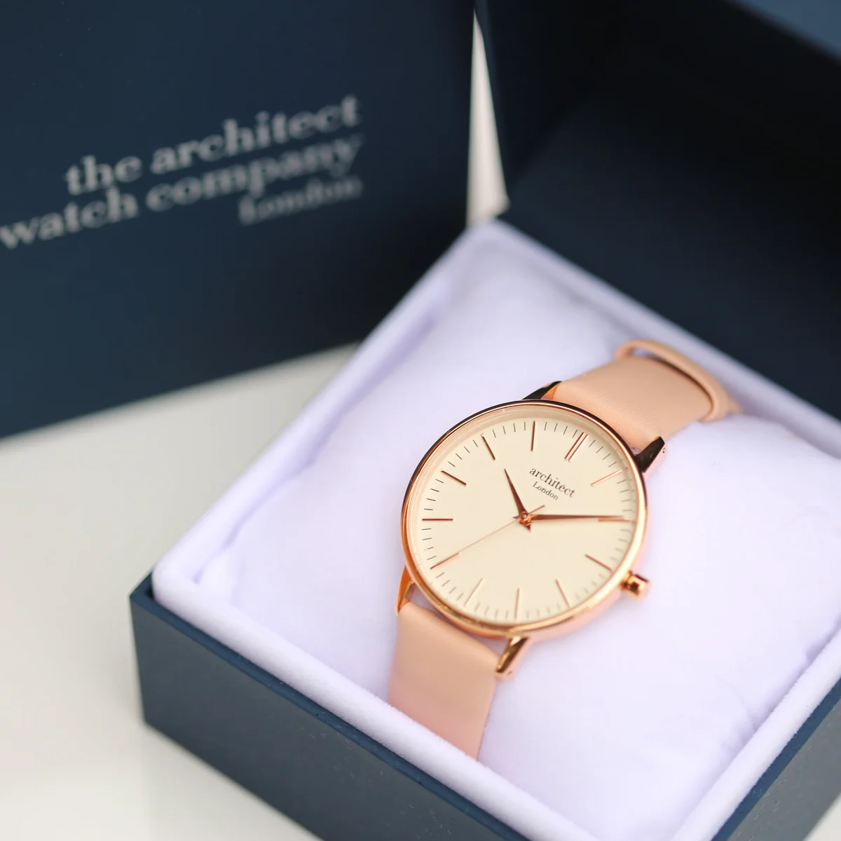 Ladies Architēct Blanc quartz movement watch with light pink genuine leather strap and polished stainless steel case