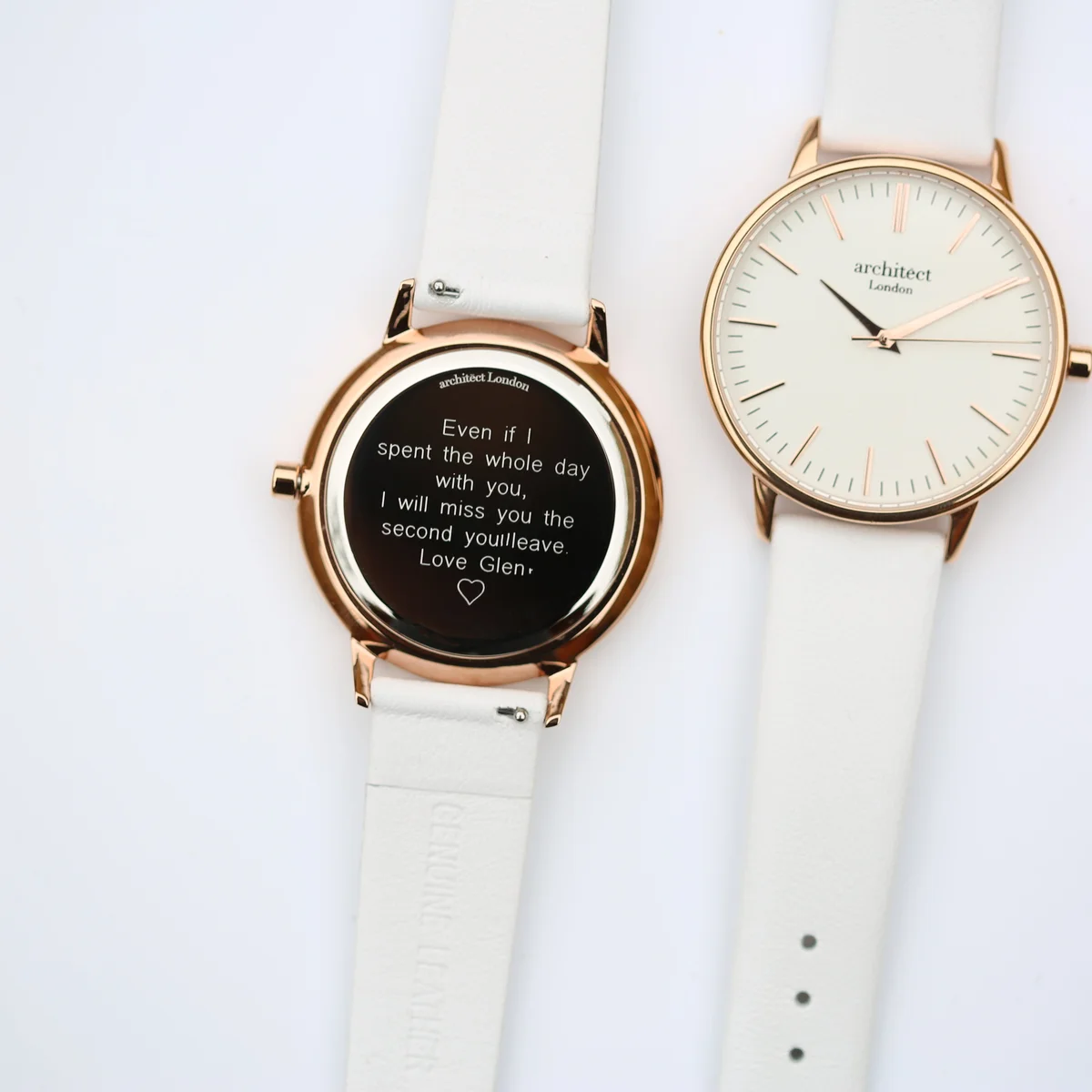 Ladies Architēct Blanc white leather strap watch with stainless steel case and minimalist white dial on white background