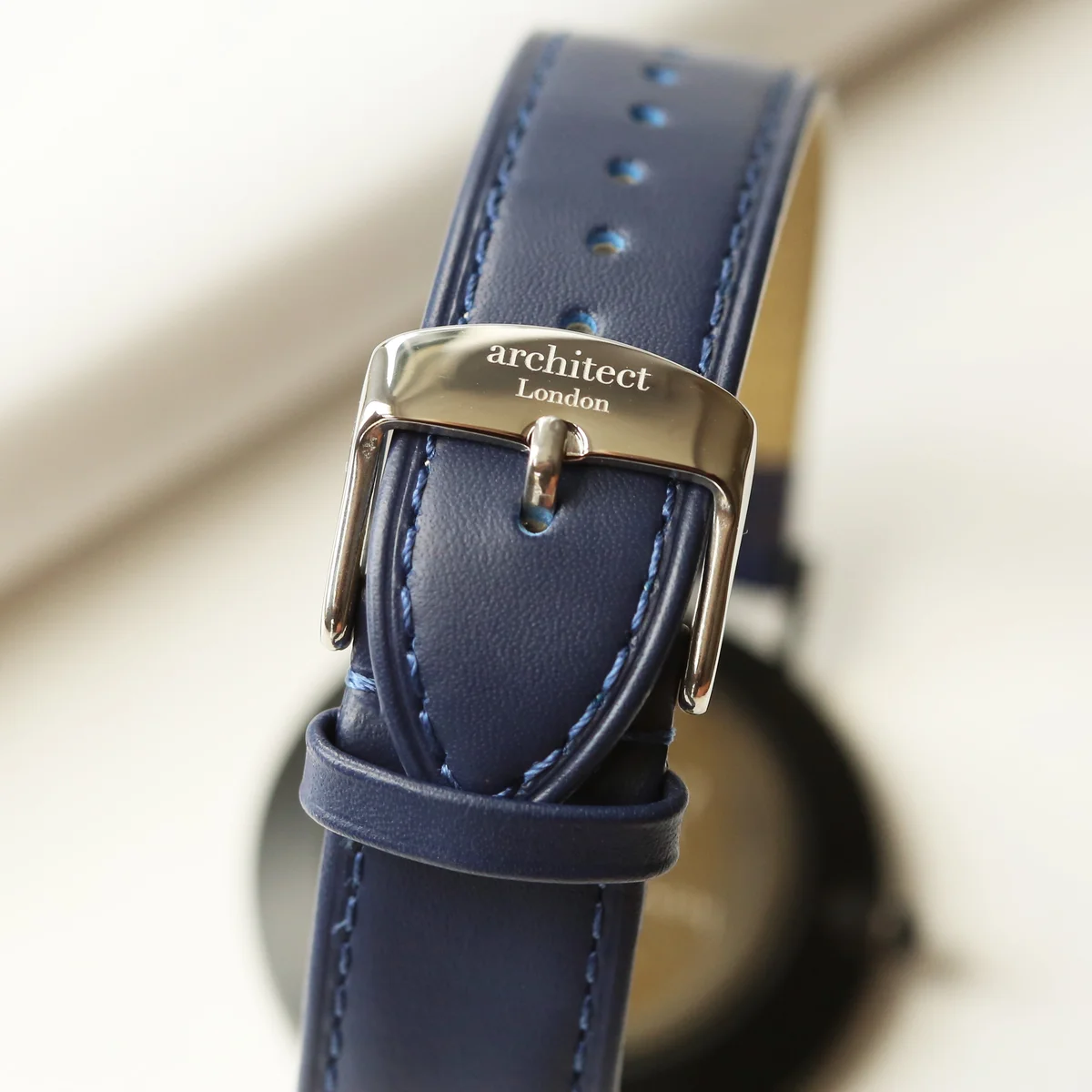 Men’s minimalist quartz movement watch with polished stainless steel case and Admiral blue genuine leather strap