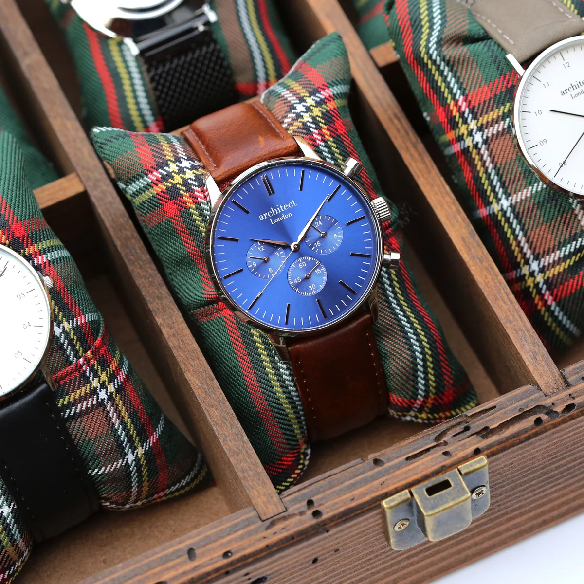 Men’s Architect Motivator quartz movement watch with deep-space blue dial, walnut brown leather strap, and three chronograph subdials