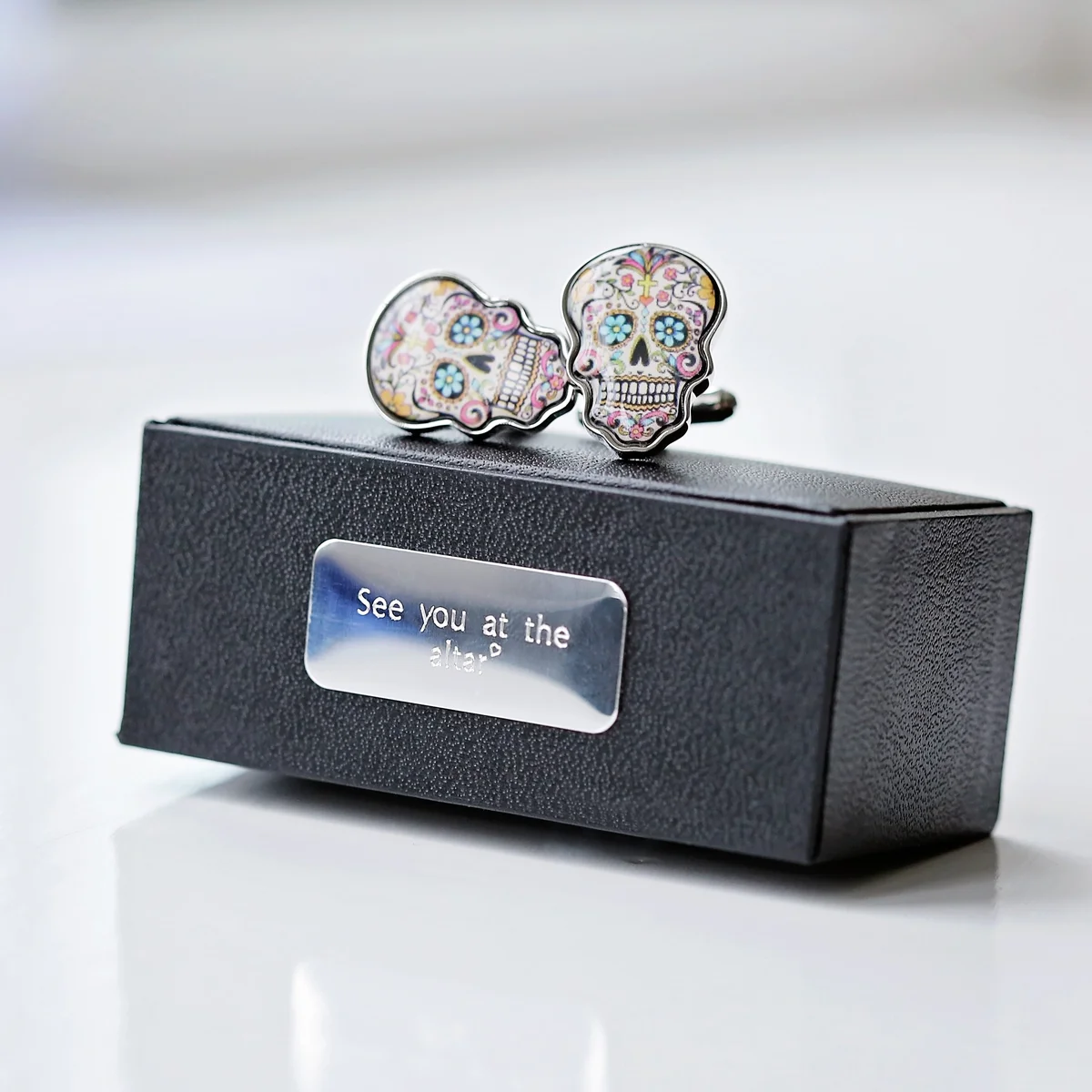 Vibrant colourful skull cufflinks personalised with an engraved luxury box for formal or informal wear