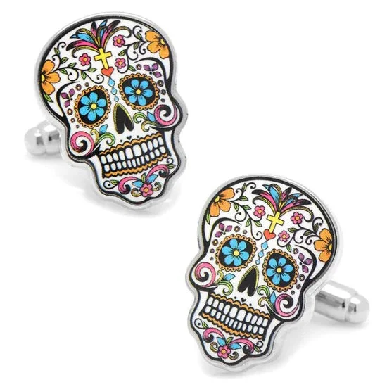 Colourful skull cufflinks displayed next to a luxury engraved box, perfect personalised gift cufflinks for any occasion