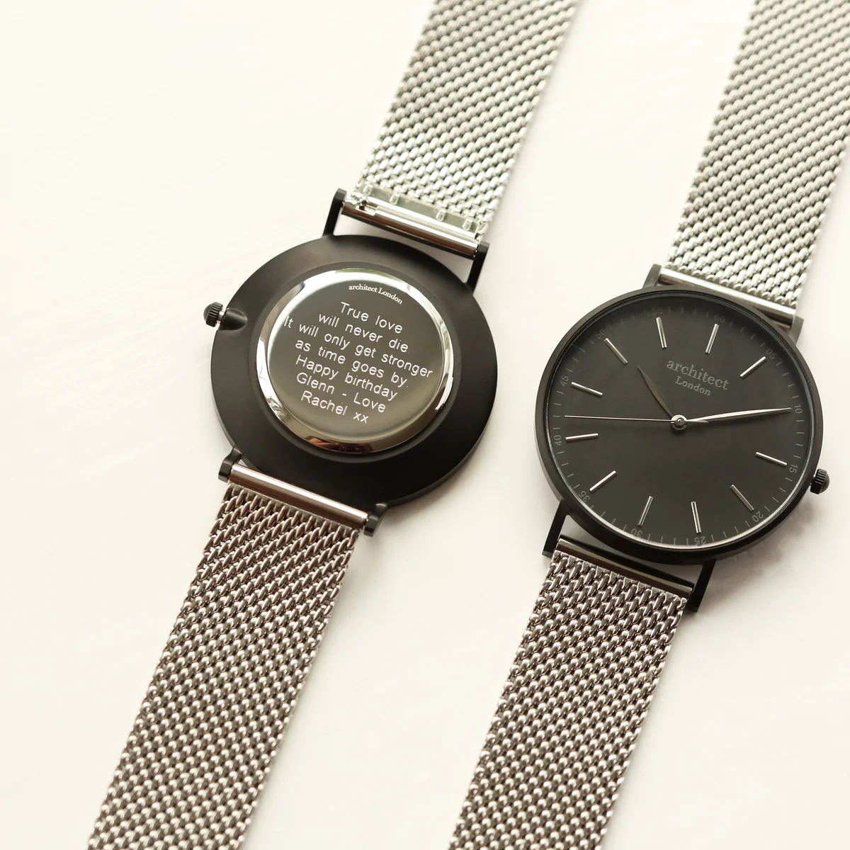 Personalised men's watch with minimalist silver mesh strap, stainless steel case, and modern font engraving option