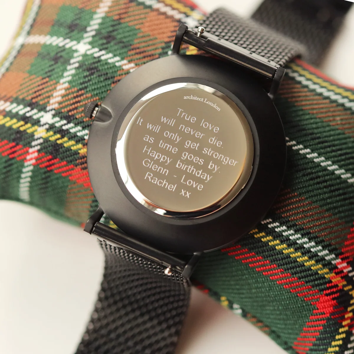 Men’s minimalist black mesh strap watch with brushed stainless steel case and modern font engraving option