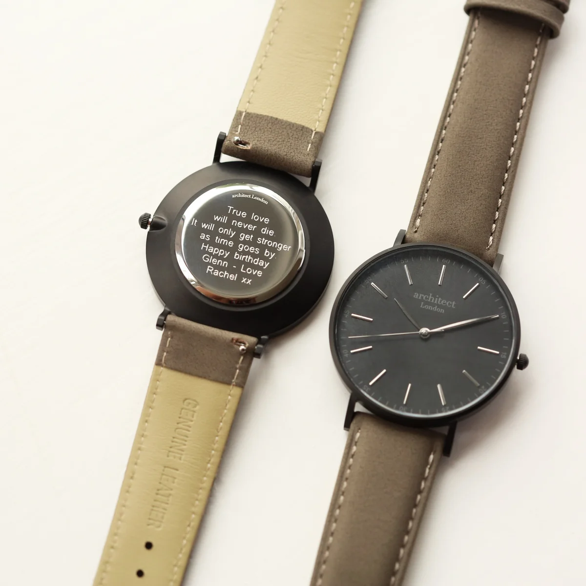 Personalised men's watch with minimalist gunmetal stainless steel case and urban grey genuine leather strap on white background