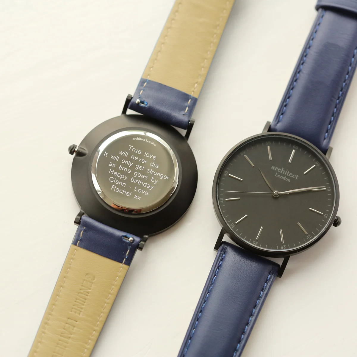 Personalised men's watch with minimalist design, admiral blue leather strap, stainless steel case, and modern font engraving area