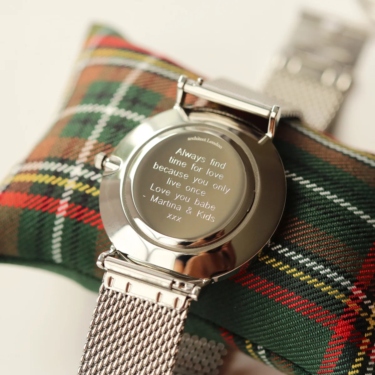 Men’s minimalist silver mesh strap watch with polished stainless steel case and modern font engraving option