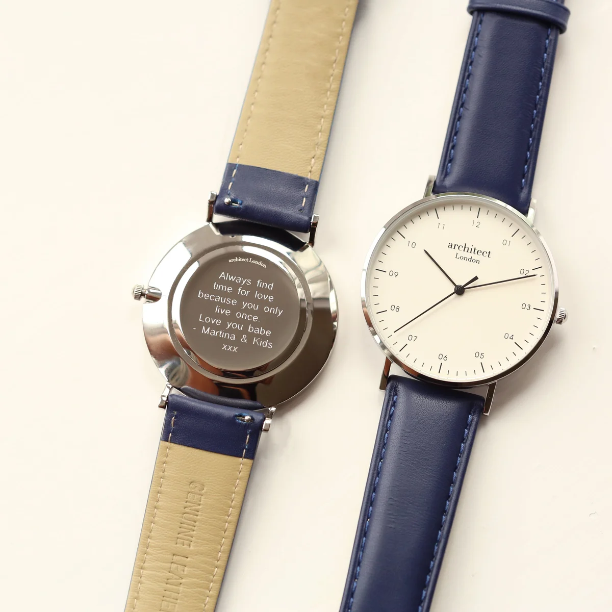 Personalised men's watch with polished stainless steel case, minimalist dial, and admiral blue genuine leather strap