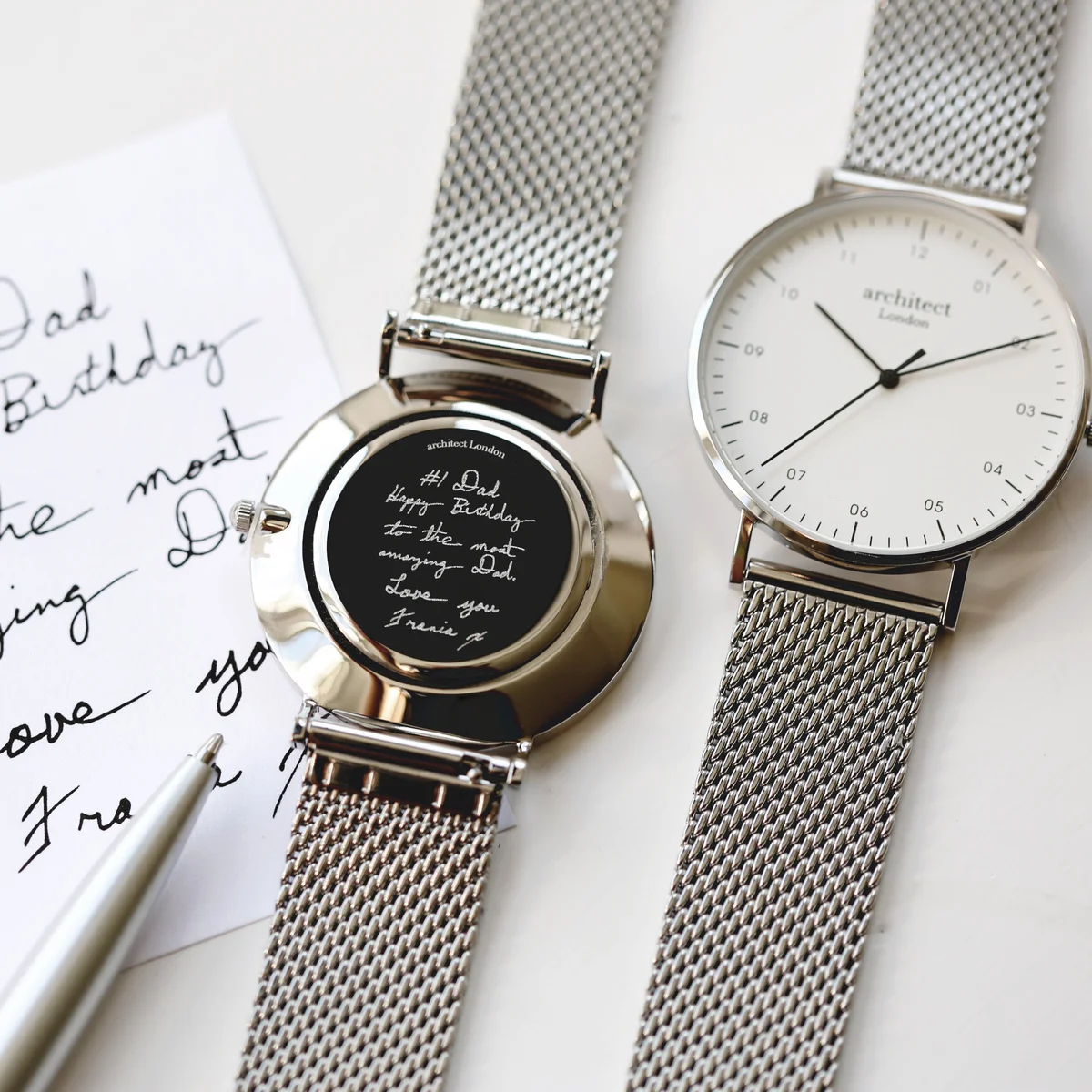 Men’s Architect Zephyr personalised engraving watch with silver mesh strap and stainless steel case on white background