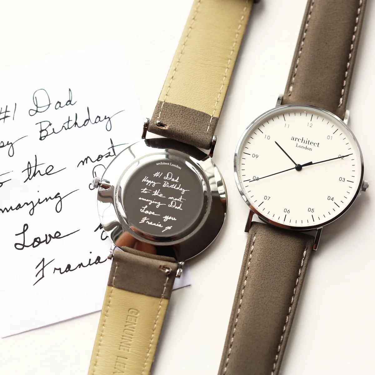 Men’s Architect Zephyr handwriting engraving watch with minimalist dial and urban grey genuine leather strap on white background