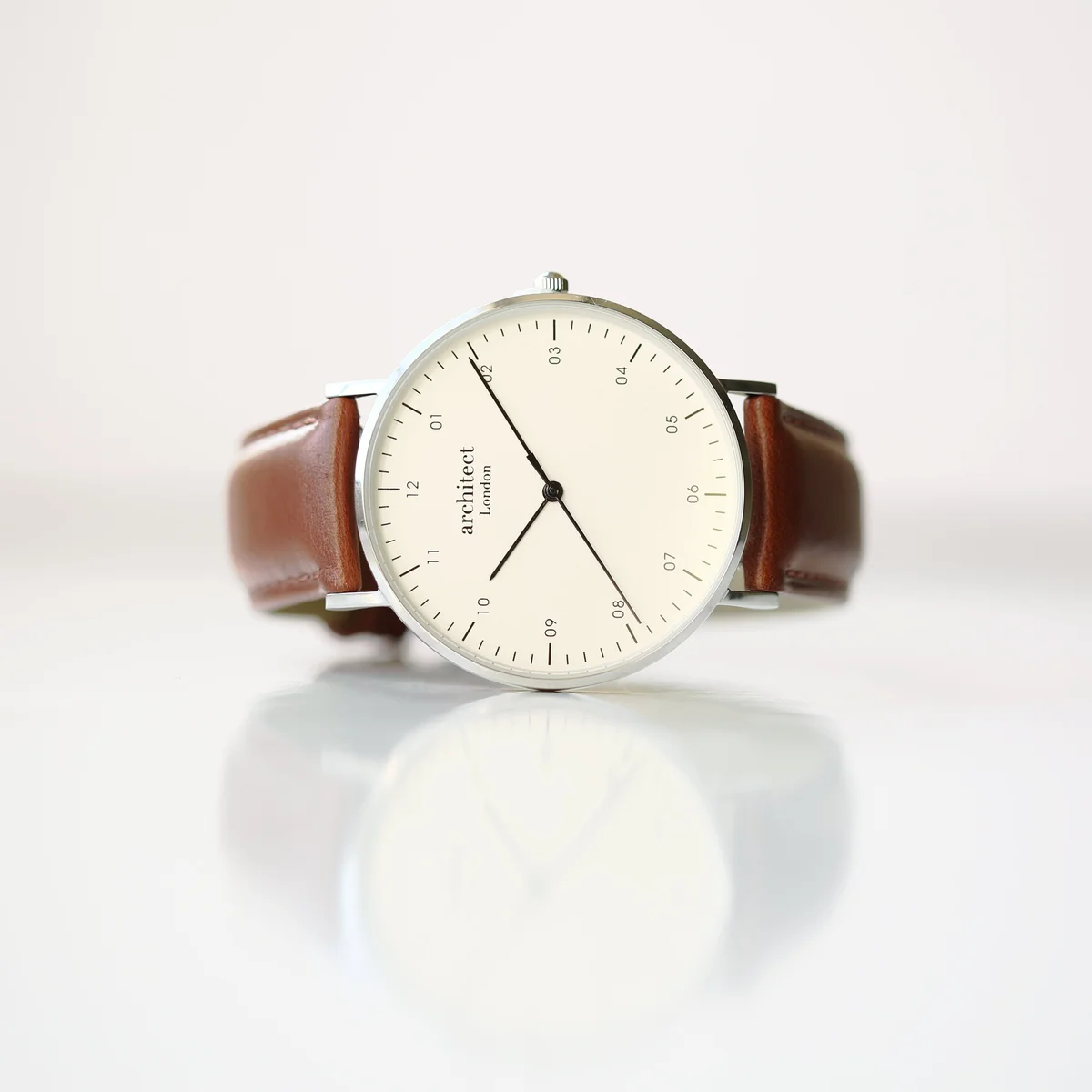 Men’s Architect Zephyr leather strap watch with walnut quick-release genuine leather band on white background