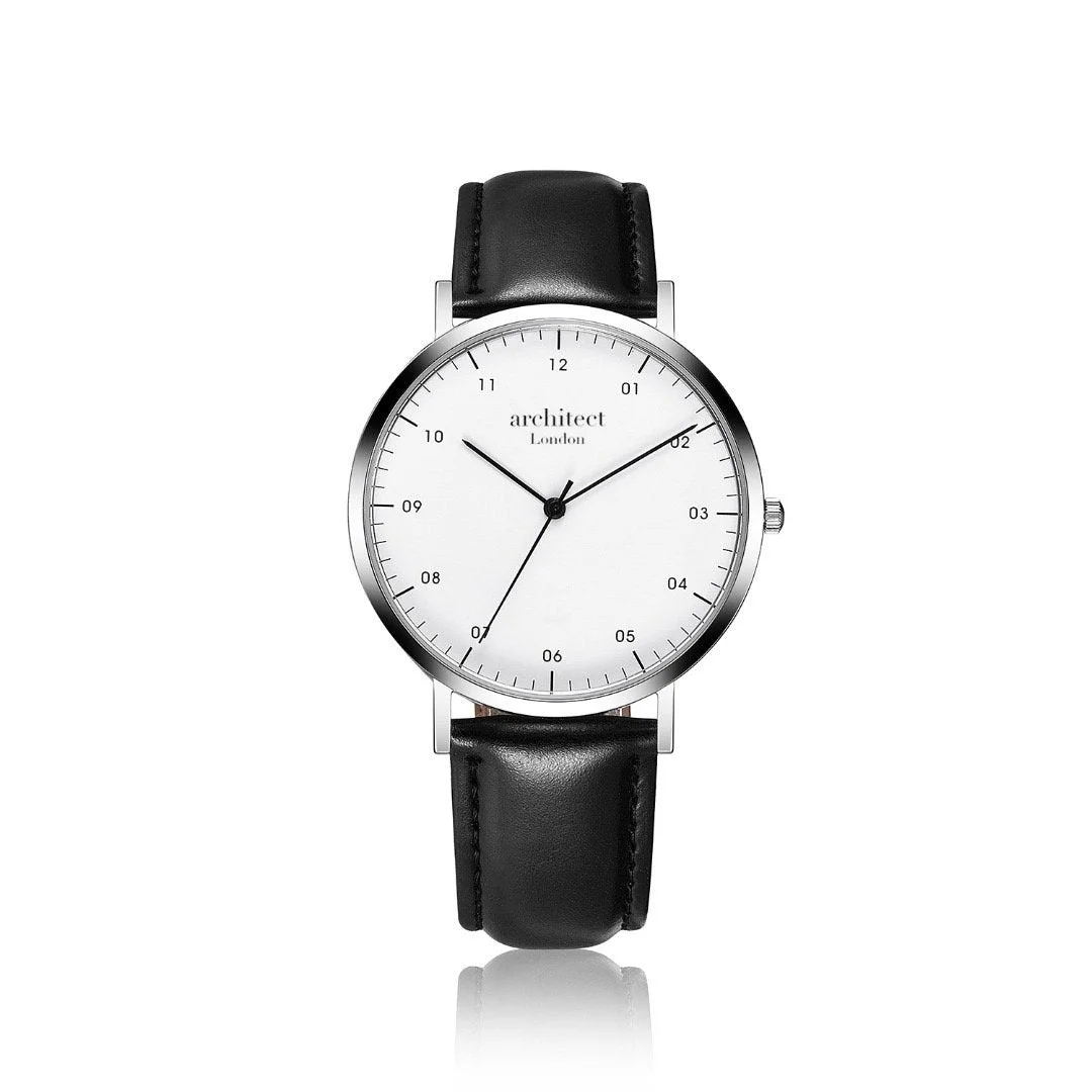 Engraved men's watch with polished stainless steel case, jet black leather strap, and personalised handwriting on the back