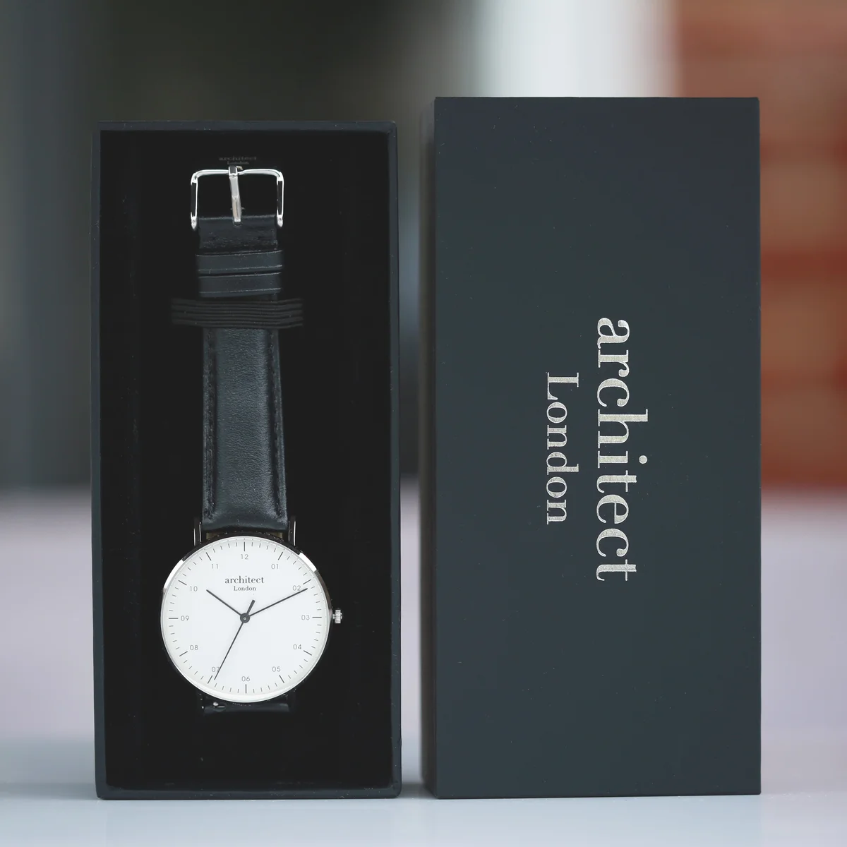 Men’s Architect Zephyr stainless steel watch with jet black leather strap and personalized handwriting engraving on back