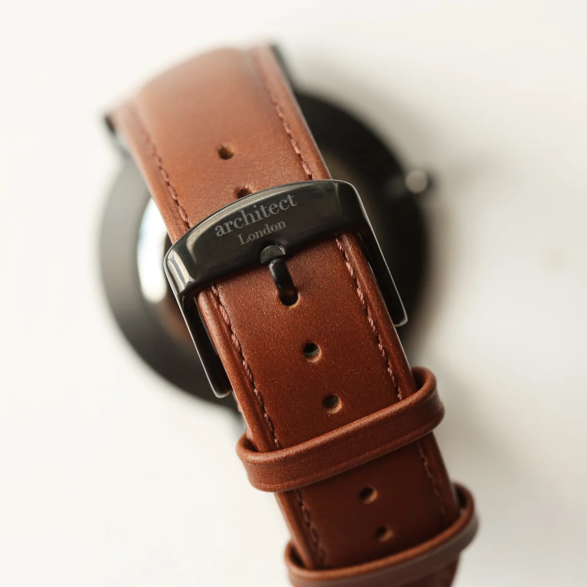 Men’s minimalist stainless steel watch with walnut leather strap and personalized handwriting engraving on back case