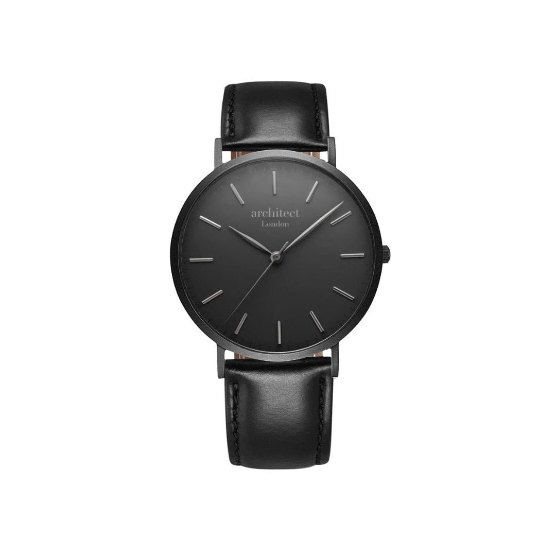 Men's minimalist watch with jet black genuine leather strap and brushed stainless steel case on white background