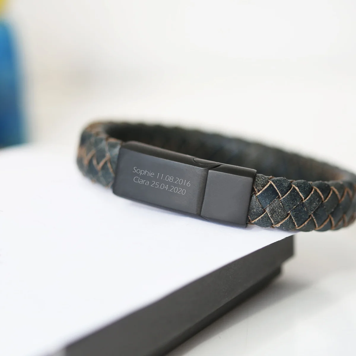 Engraved leather bracelet in antique style with woven genuine leather strands and magnetic snap lock clasp in iron color