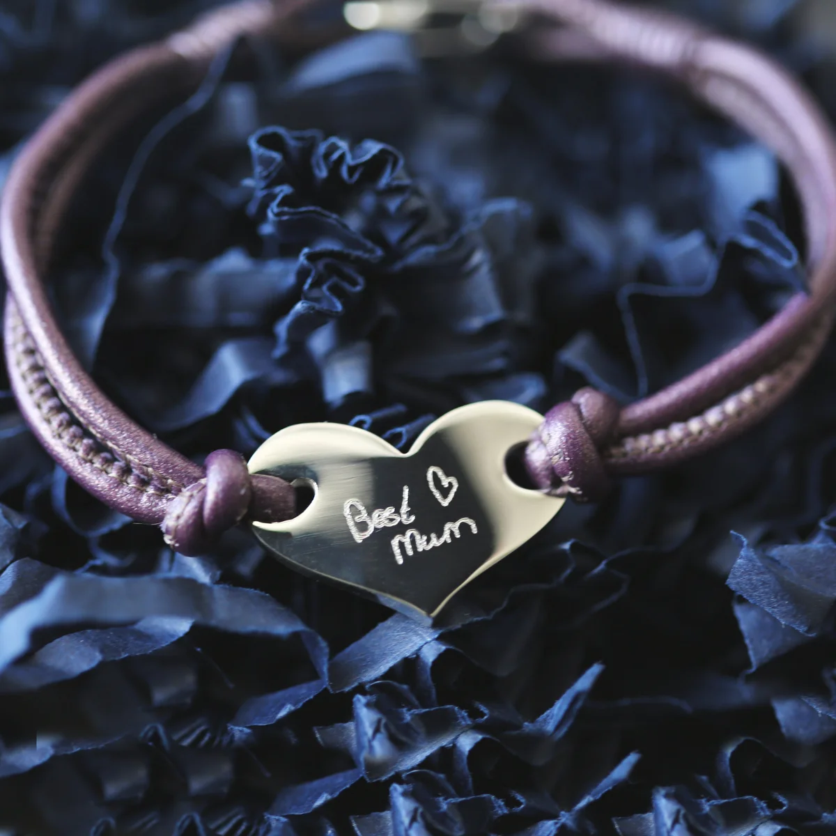 Berry coloured personalised leather bracelet with silver heart charm and handwriting engraving on 19cm band