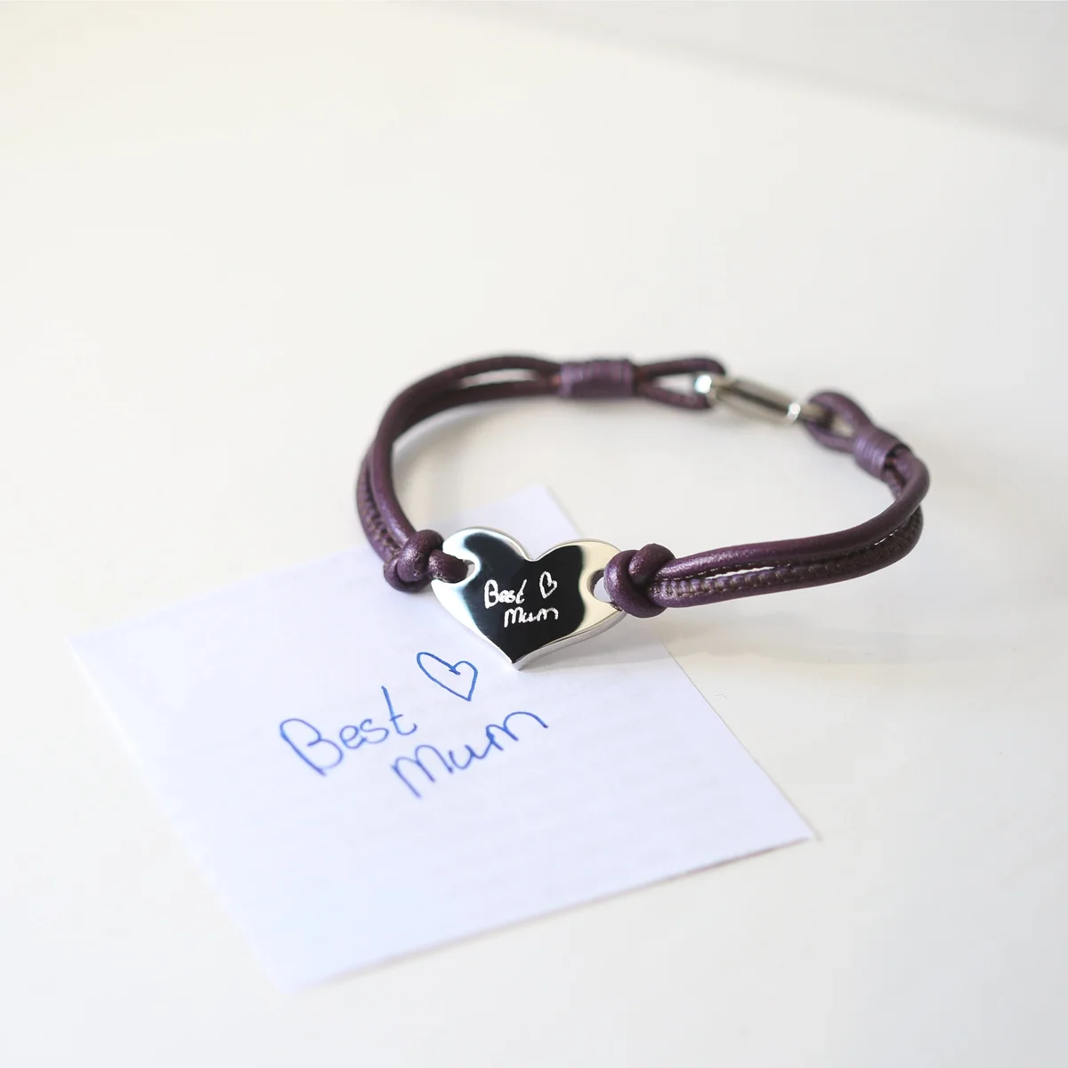 Berry leather handwriting engraved bracelet with silver heart charm, personalised with custom handwriting, 19cm length