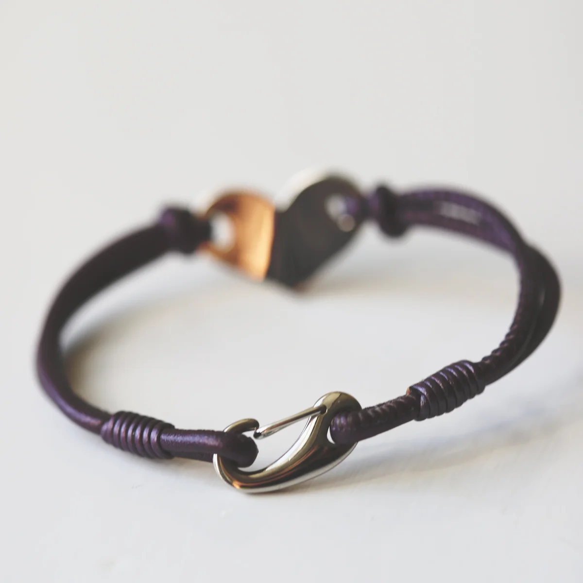 Berry leather bracelet with silver heart charm and personalised handwriting engraving on genuine leather strap
