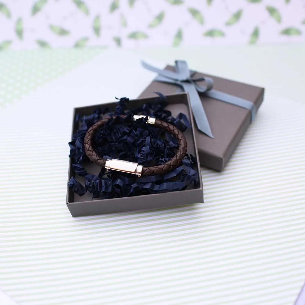 Twisted leather gift leather bracelet with magnetic snap-lock clasp and personalised handwriting engraving on stainless steel plate