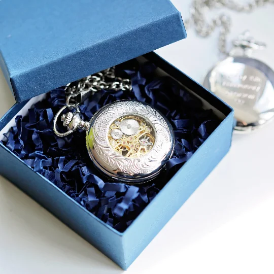 Handwriting engraved Roman skeleton pocket watch open to show mechanical movement, ideal personalised gifts UK in gift box