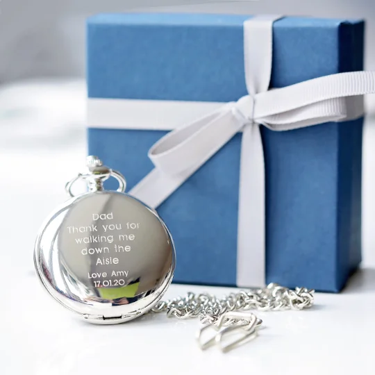 Open dual-sided skeleton gift pocket watch showing intricate mechanical movement and engraved modern font message