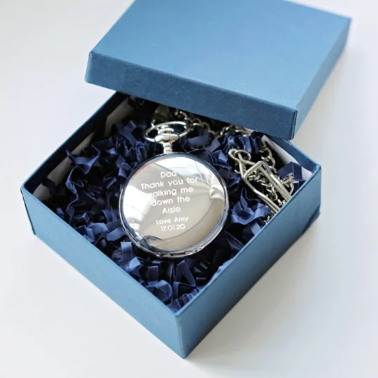Open personalised pocket watch showing skeleton mechanical movement and engraved modern font on front and back covers