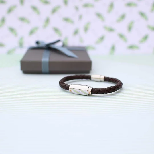Engraved men's bracelet with twisted genuine leather band and magnetic stainless steel snap-lock clasp in gift box