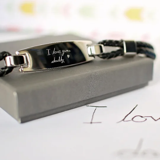 Personalised men's bracelet with woven genuine leather and stainless steel magnetic clasp, engraved with custom handwriting