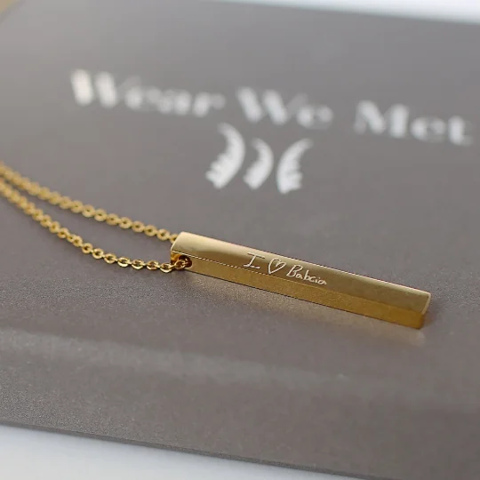 Delicate personalised handwriting necklace with engraved silver bar on a 44cm chain, displayed on a white background