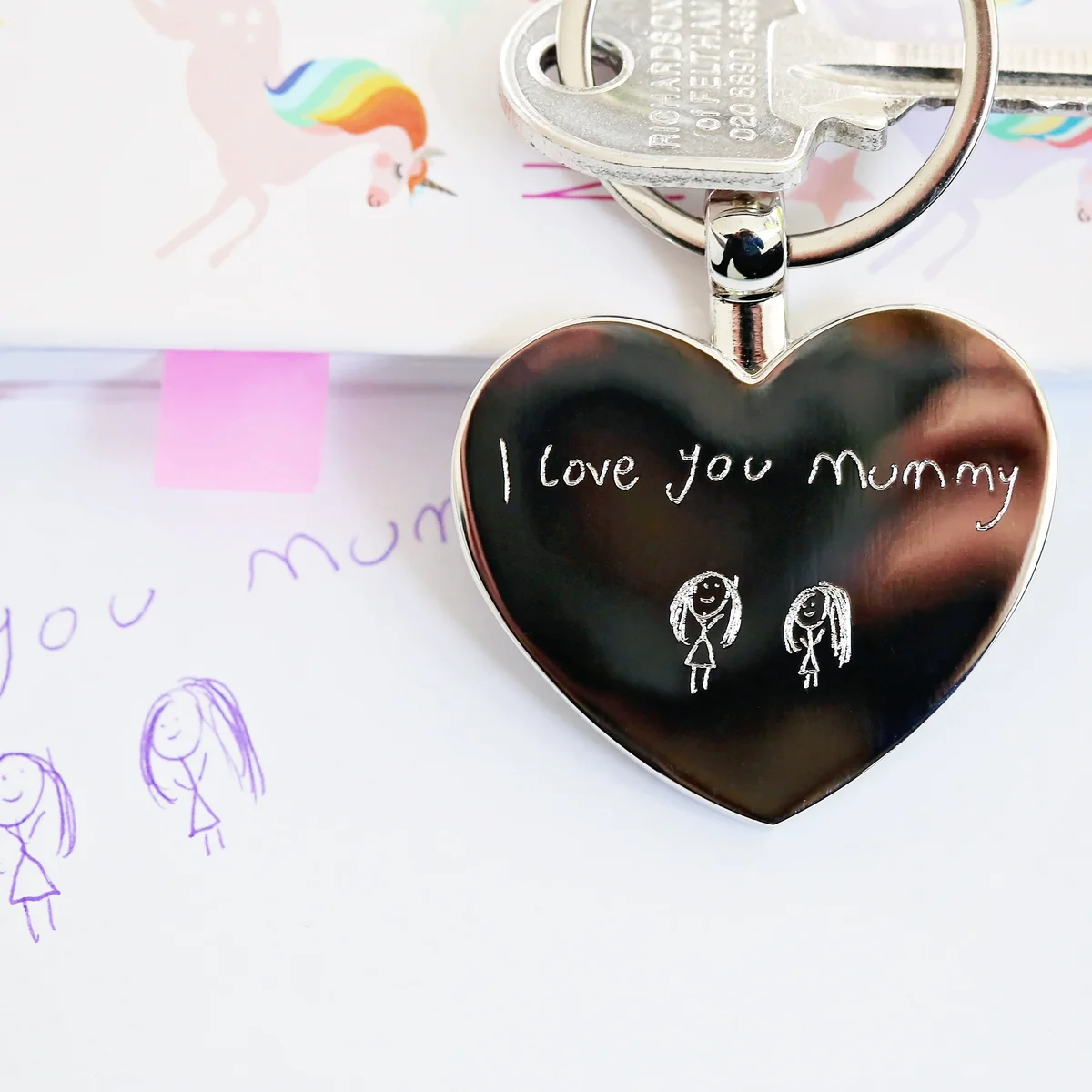 Hearts Forever handwriting engraved keychain in polished stainless steel with custom handwriting on heart-shaped pendant in gift box