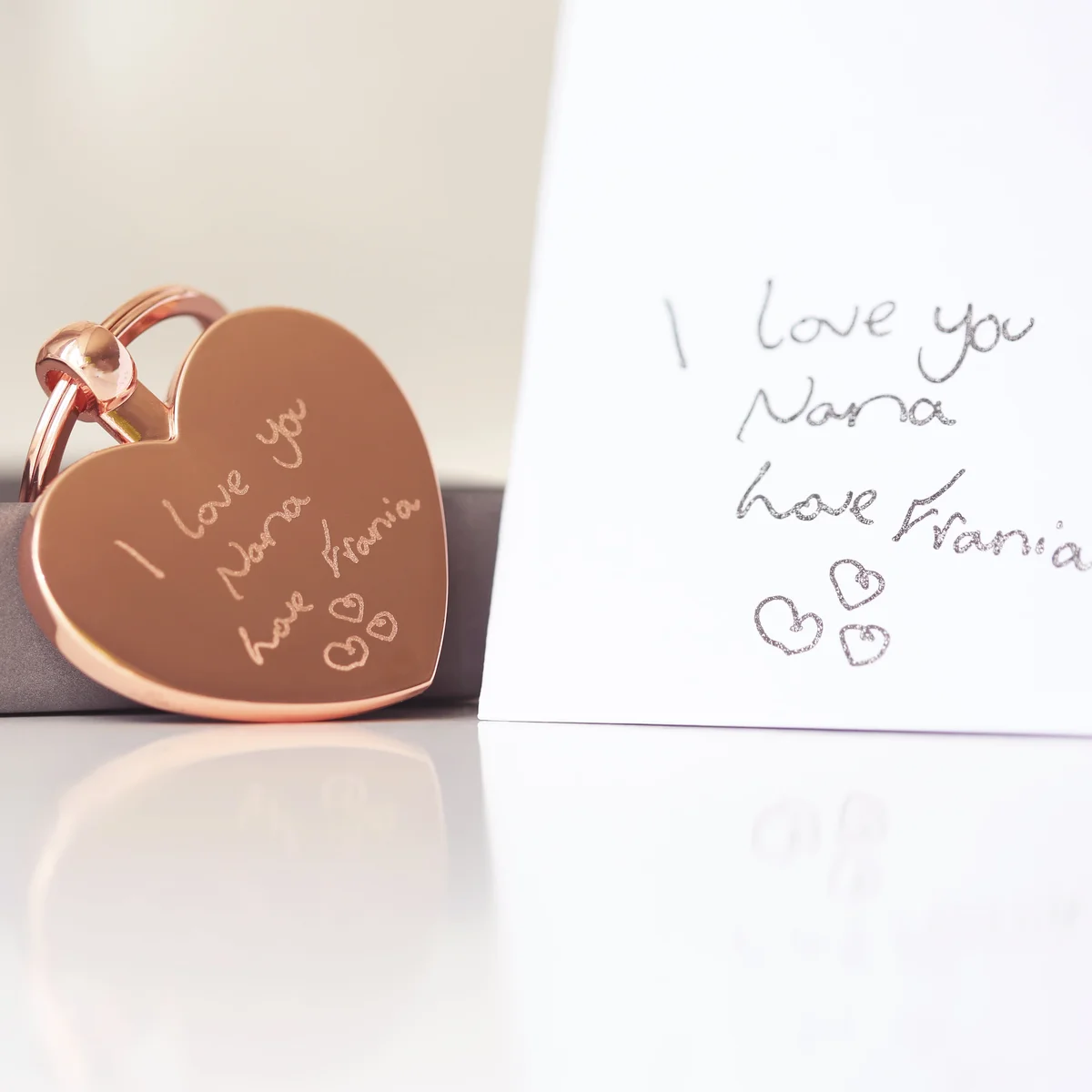 Hearts Forever personalised keychain gift in polished stainless steel with custom handwriting engraving and gift box