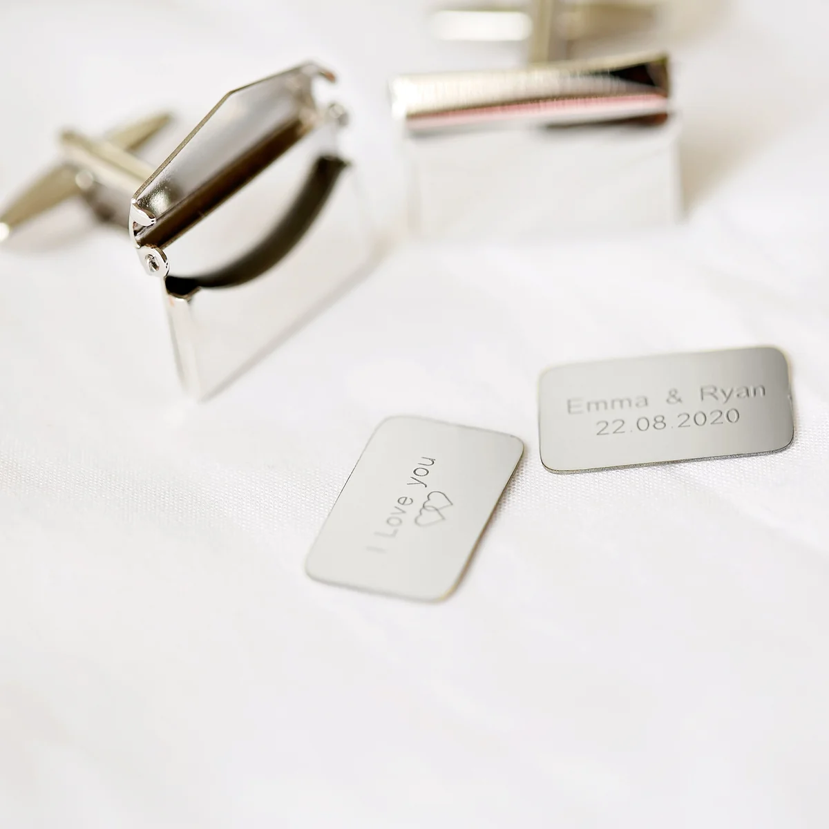 Stainless steel cufflinks engraved with a secret message in an eco-friendly box, ideal men's personalised gift