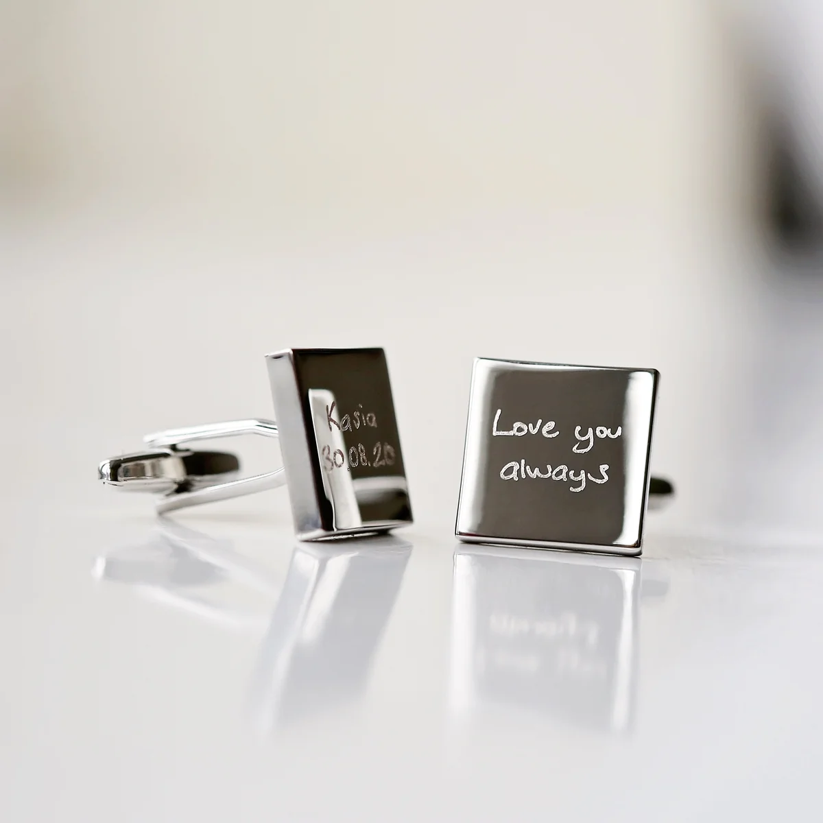 Silver personalised handwriting cufflinks engraved with custom handwriting on 17mm polished stainless steel squares in eco-friendly box